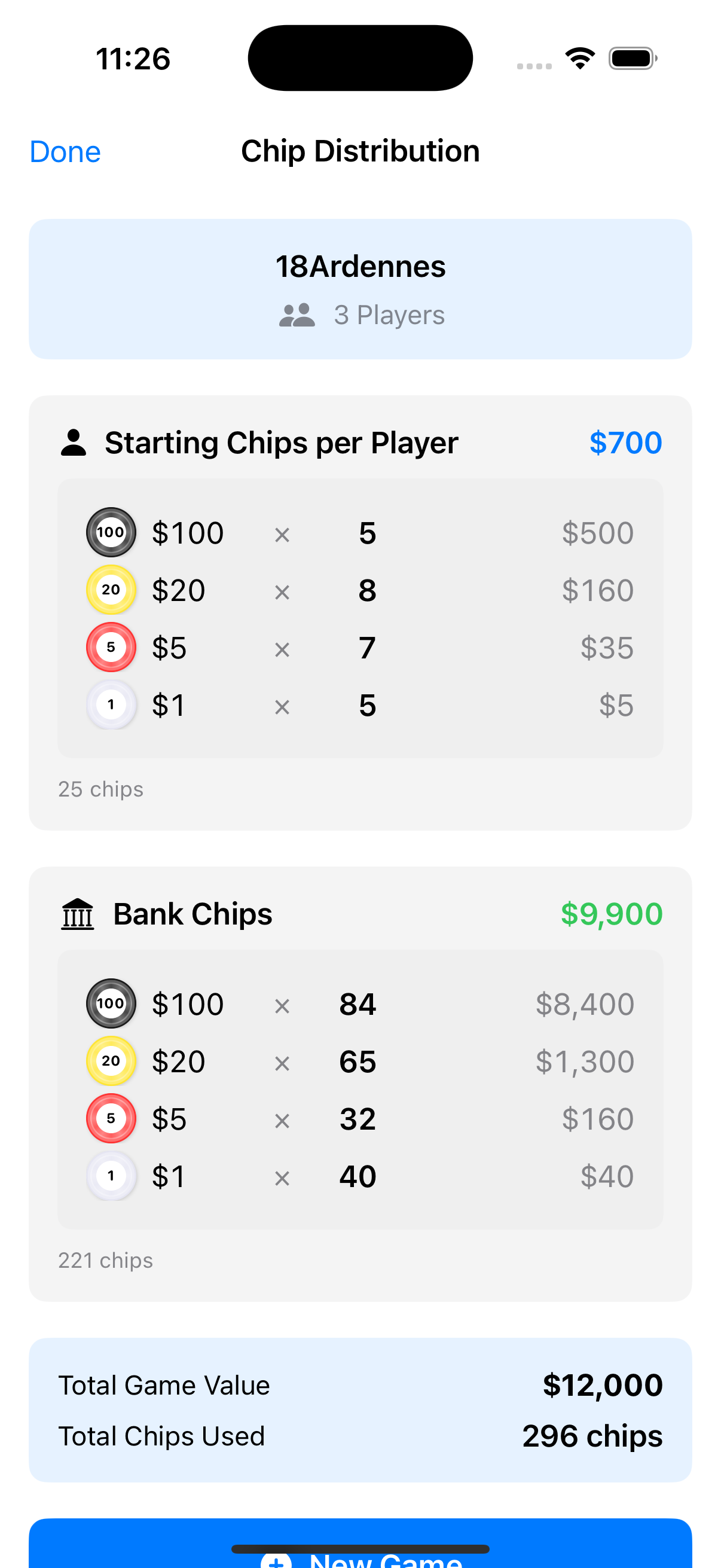 18XX Bank chip distribution screen showing 18Ardennes game setup