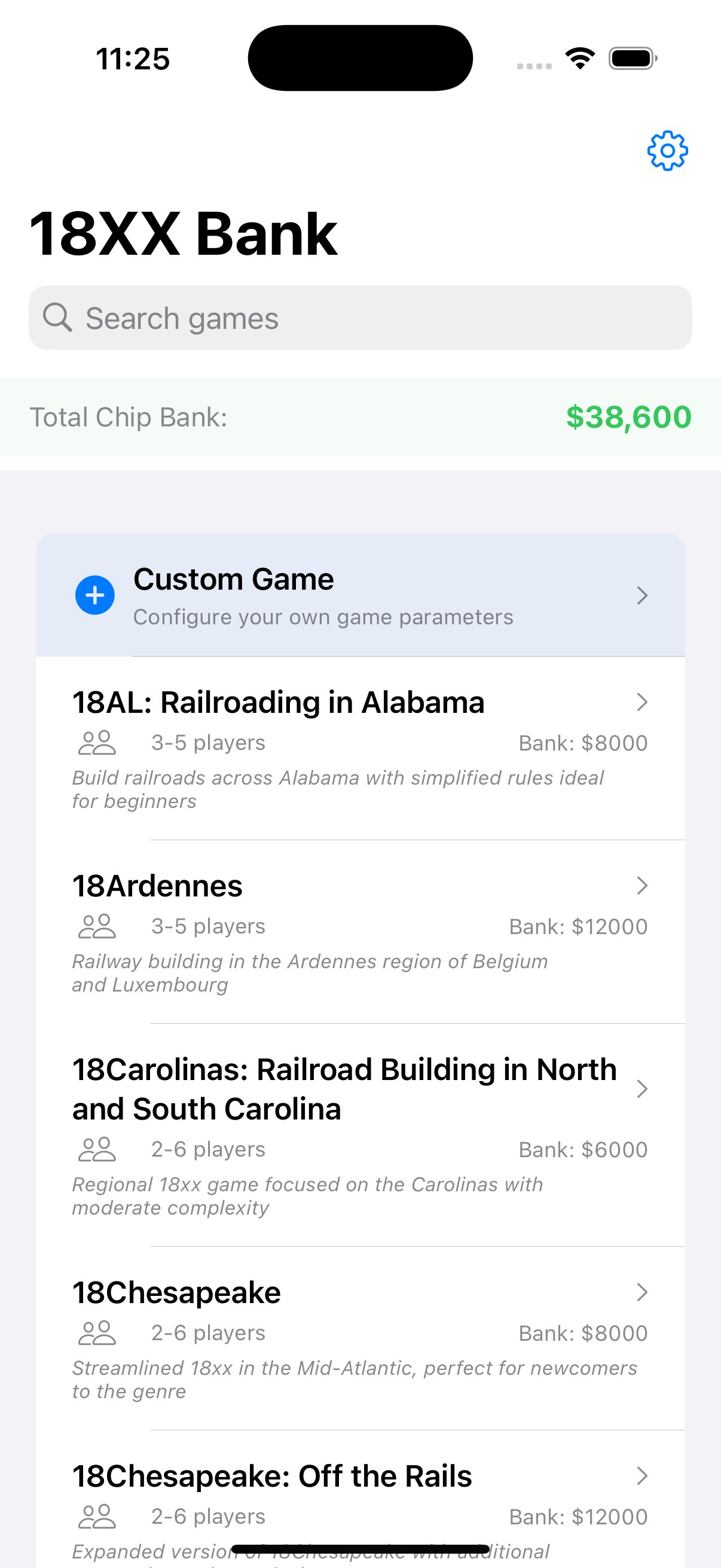 Game selection screen